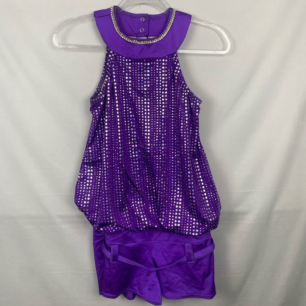 Kelle Dance Costume Adult medium romper purple with silver sequins